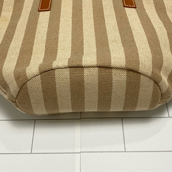 EUC Burlap Jute Natural Tote Shoulder Bag Tan Striped Leather Straps - Picture 10 of 15